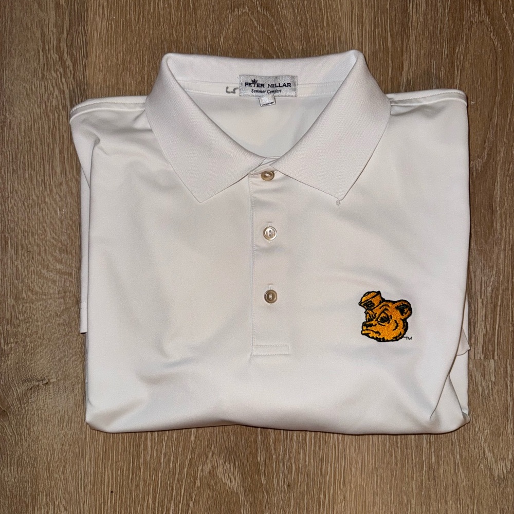 Peter Millar White Polo with Yellow and Black Bear Patch